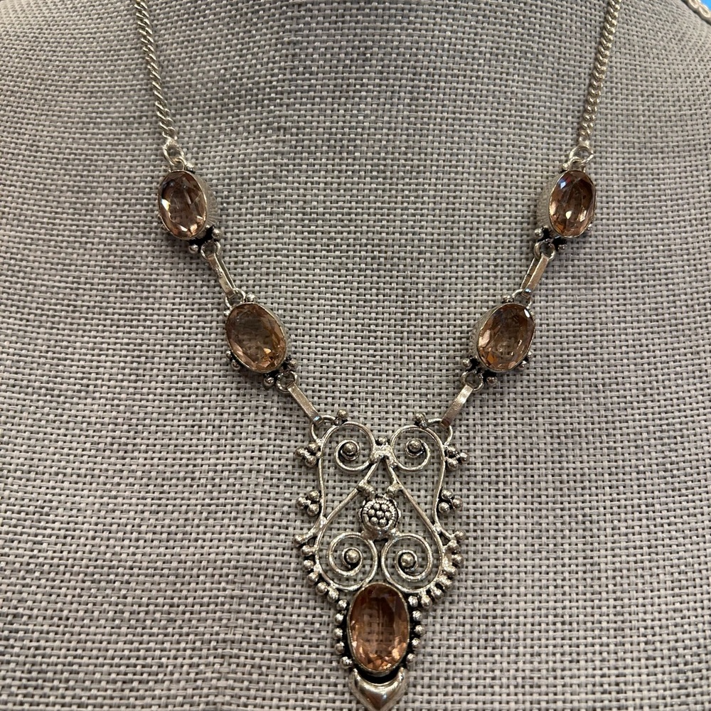 Morganite gemstone filigree silver plate over brass necklace